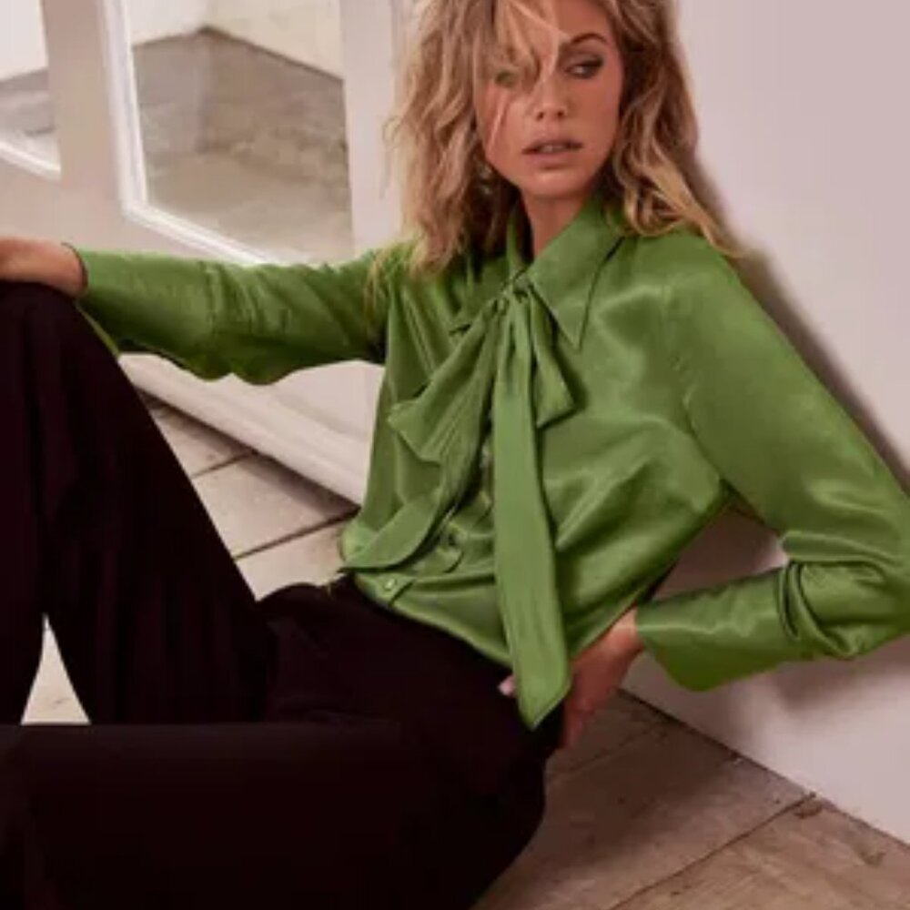 Mint Velvet Green Tie-Neck Blouse - L